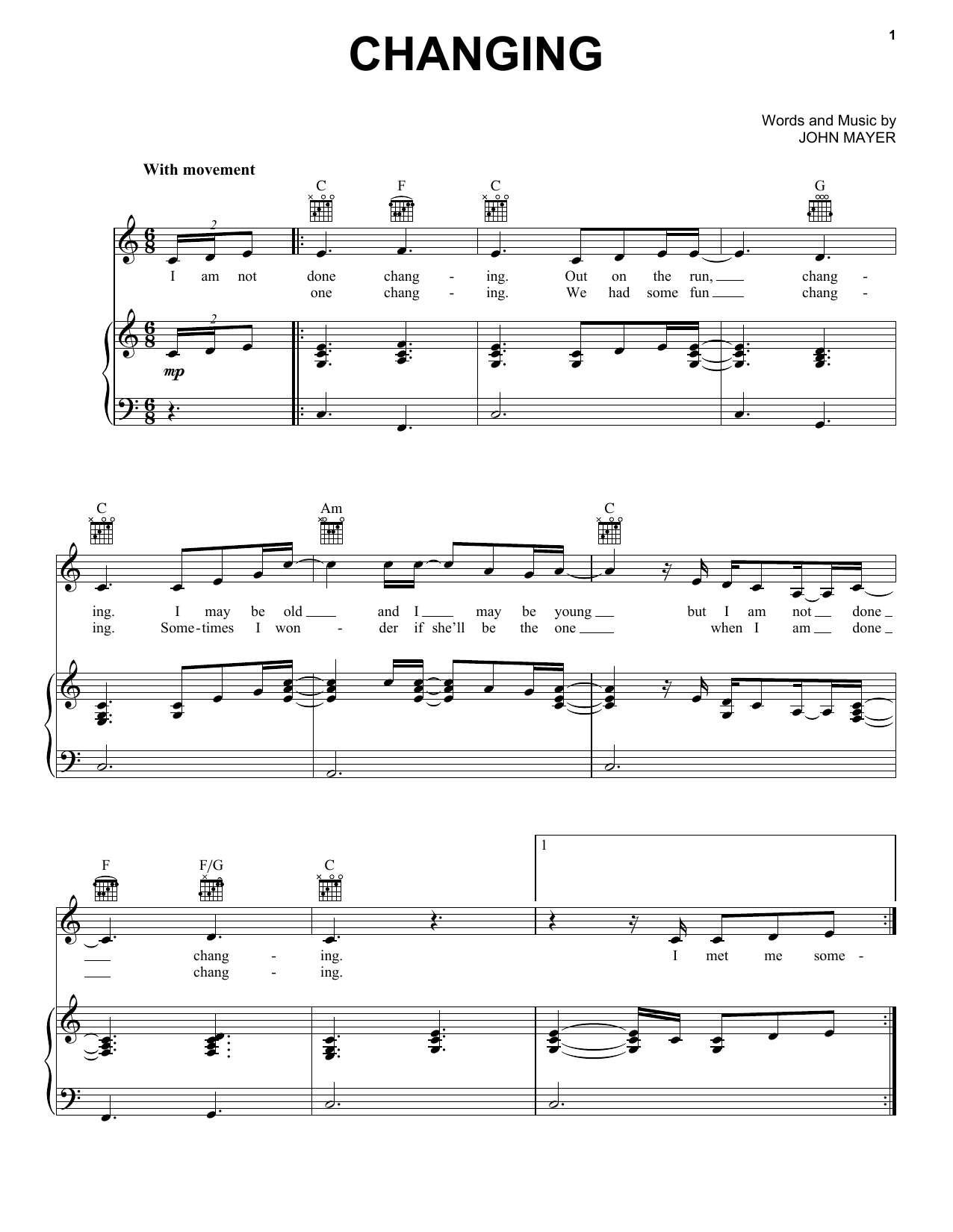 Download John Mayer Changing Sheet Music and learn how to play Piano, Vocal & Guitar (Right-Hand Melody) PDF digital score in minutes