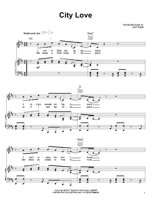 Download John Mayer City Love Sheet Music and learn how to play Easy Guitar PDF digital score in minutes