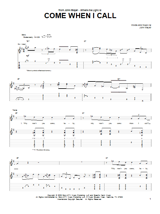 Download John Mayer Come When I Call Sheet Music and learn how to play Guitar Tab PDF digital score in minutes