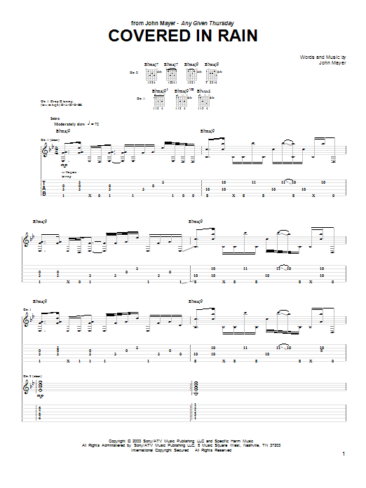 Download John Mayer Covered In Rain Sheet Music and learn how to play Guitar Tab PDF digital score in minutes