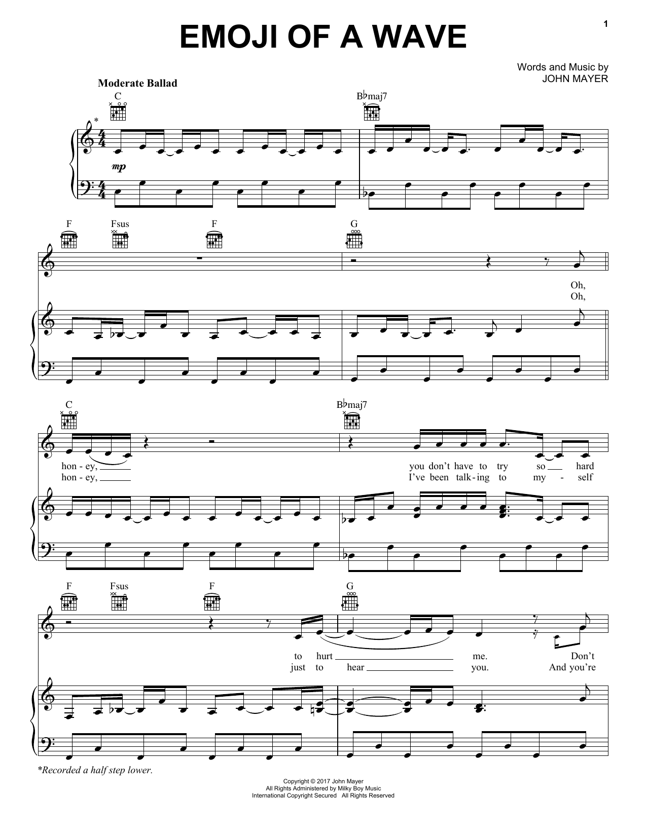 Download John Mayer Emoji Of A Wave Sheet Music and learn how to play Piano, Vocal & Guitar (Right-Hand Melody) PDF digital score in minutes