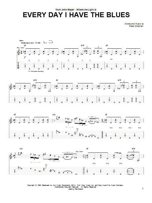 Download John Mayer Every Day I Have The Blues Sheet Music and learn how to play Guitar Tab PDF digital score in minutes