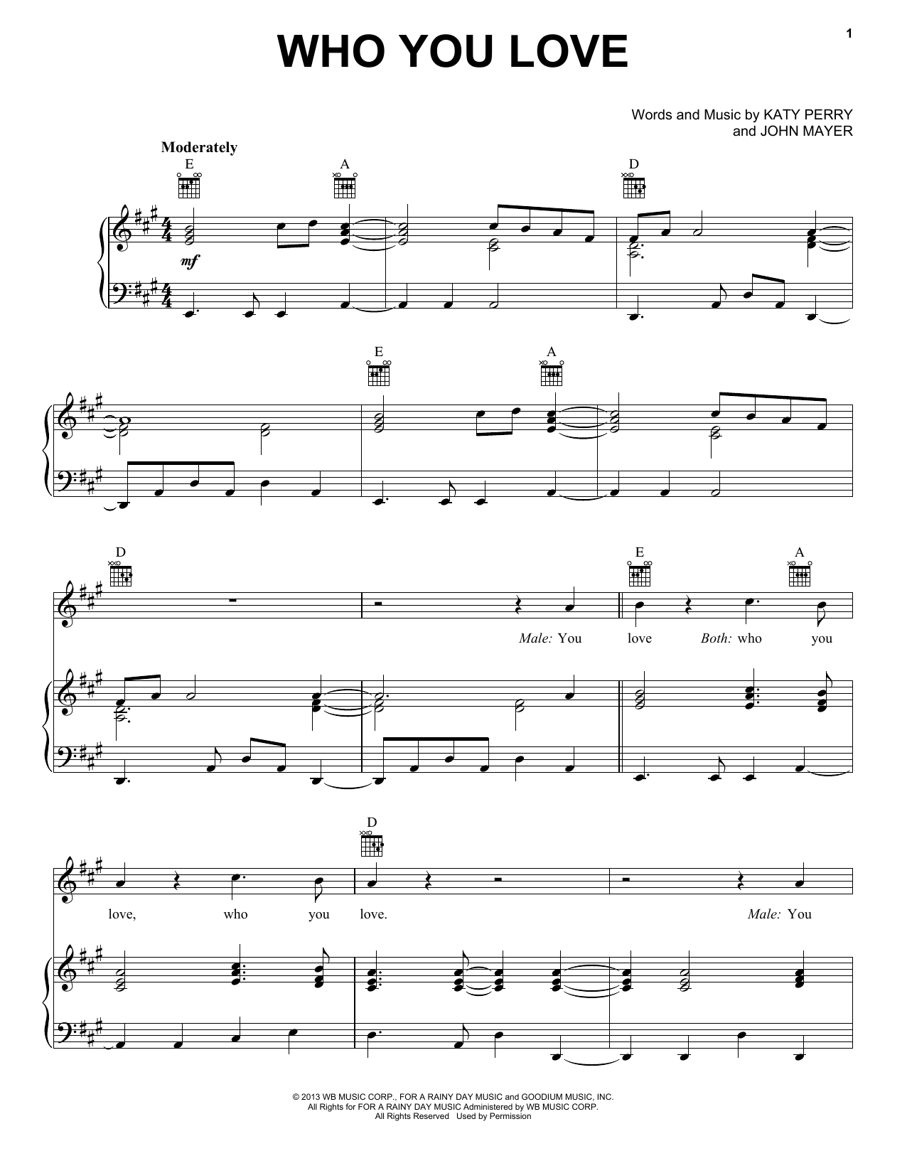 Download John Mayer Who You Love (feat. Katy Perry) Sheet Music and learn how to play Piano, Vocal & Guitar (Right-Hand Melody) PDF digital score in minutes