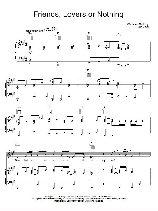 Download John Mayer Friends, Lovers Or Nothing Sheet Music and learn how to play Piano, Vocal & Guitar (Right-Hand Melody) PDF digital score in minutes