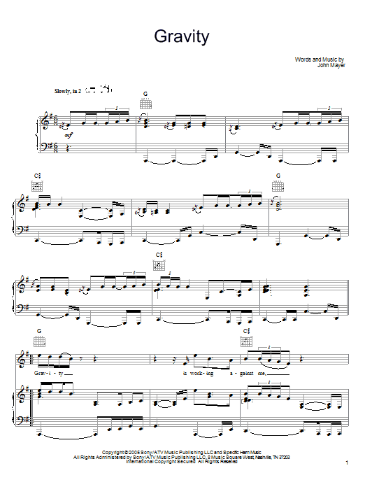 Download John Mayer Gravity Sheet Music and learn how to play Piano, Vocal & Guitar (Right-Hand Melody) PDF digital score in minutes