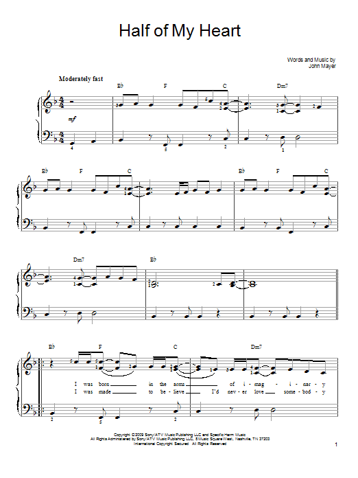 Download John Mayer Half Of My Heart (feat. Taylor Swift) Sheet Music and learn how to play Very Easy Piano PDF digital score in minutes