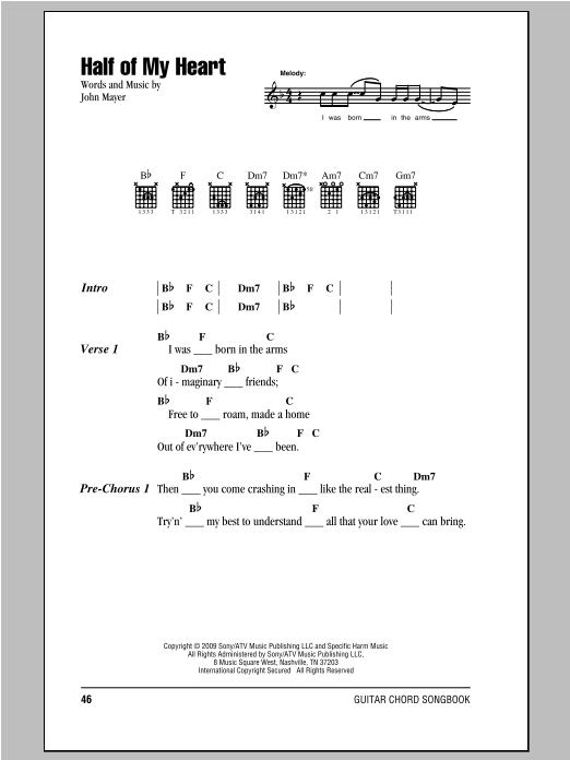 Download John Mayer Half Of My Heart (feat. Taylor Swift) Sheet Music and learn how to play Lyrics & Chords PDF digital score in minutes