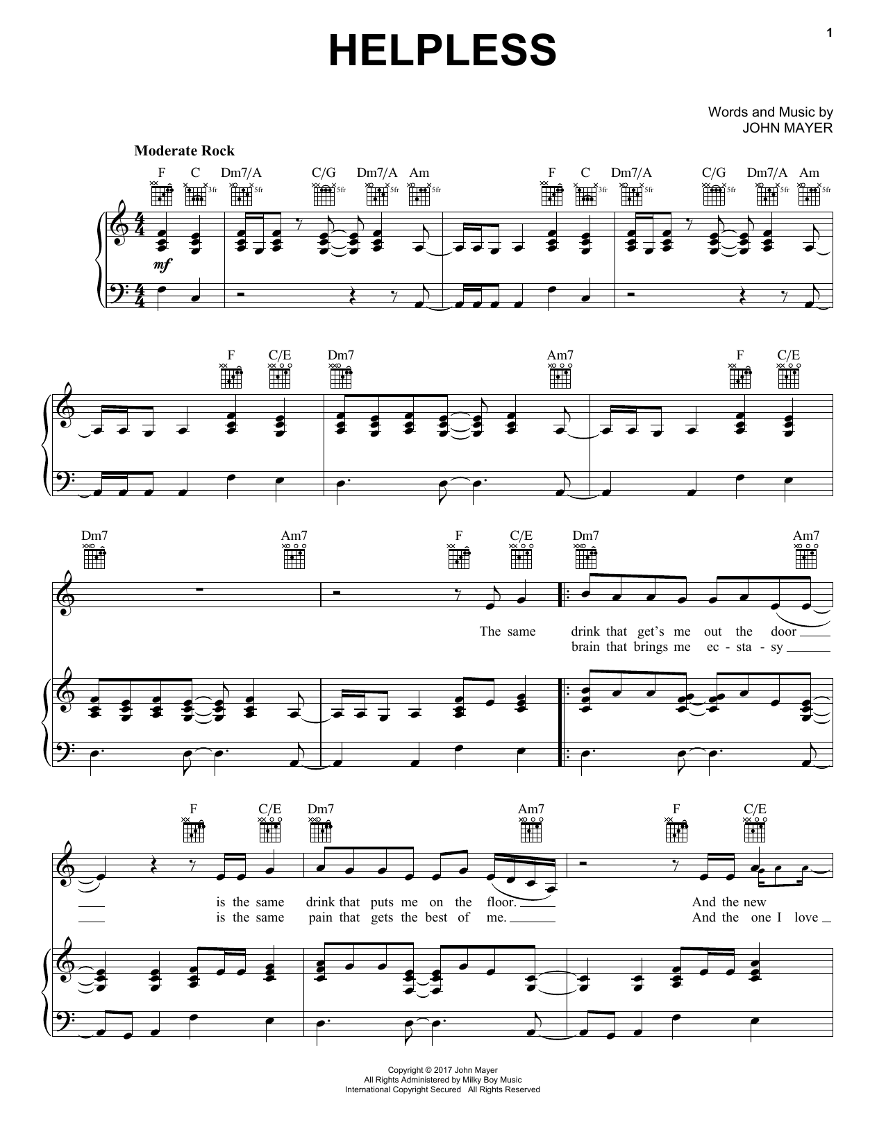 Download John Mayer Helpless Sheet Music and learn how to play Piano, Vocal & Guitar (Right-Hand Melody) PDF digital score in minutes