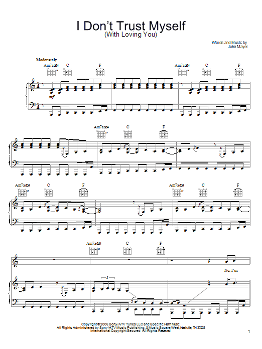 Download John Mayer I Don't Trust Myself (With Loving You) Sheet Music and learn how to play Piano, Vocal & Guitar (Right-Hand Melody) PDF digital score in minutes