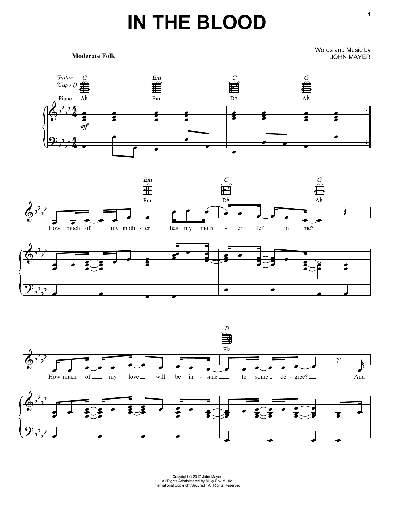 Download John Mayer In The Blood Sheet Music and learn how to play Piano, Vocal & Guitar (Right-Hand Melody) PDF digital score in minutes