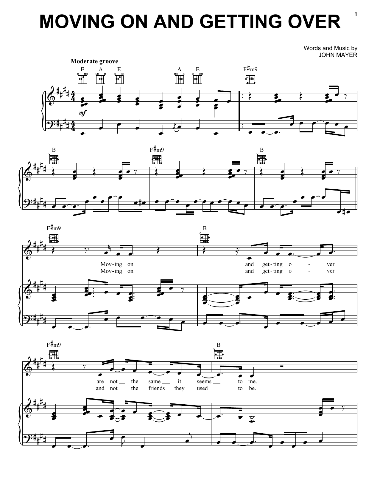 Download John Mayer Moving On And Getting Over Sheet Music and learn how to play Piano, Vocal & Guitar (Right-Hand Melody) PDF digital score in minutes