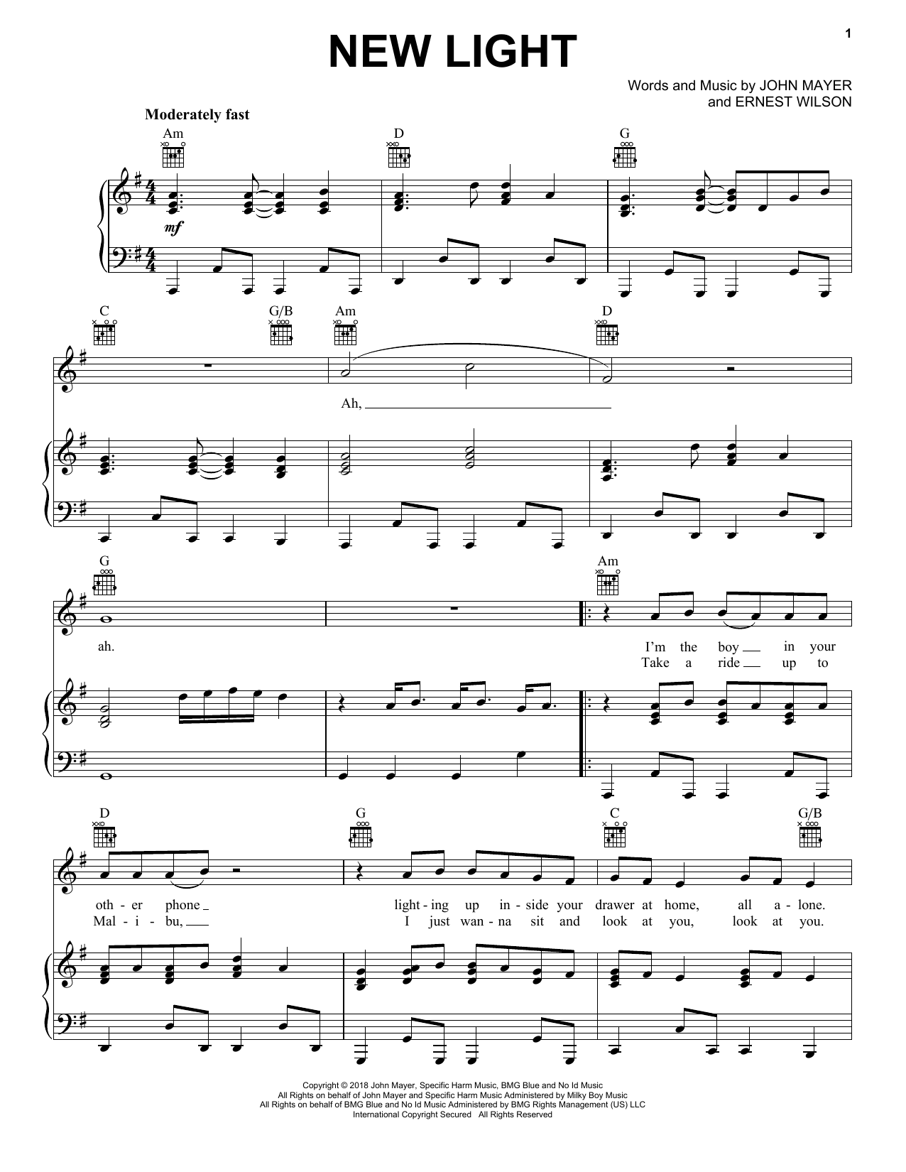 Download John Mayer New Light Sheet Music and learn how to play Piano, Vocal & Guitar (Right-Hand Melody) PDF digital score in minutes