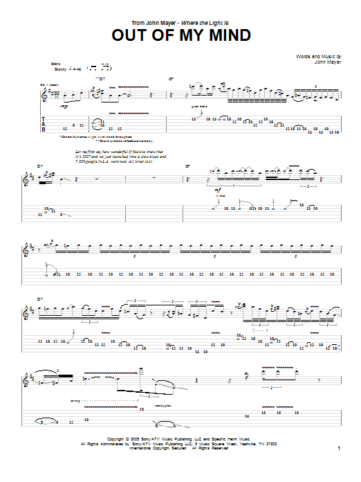 Download John Mayer Out Of My Mind Sheet Music and learn how to play Guitar Tab PDF digital score in minutes