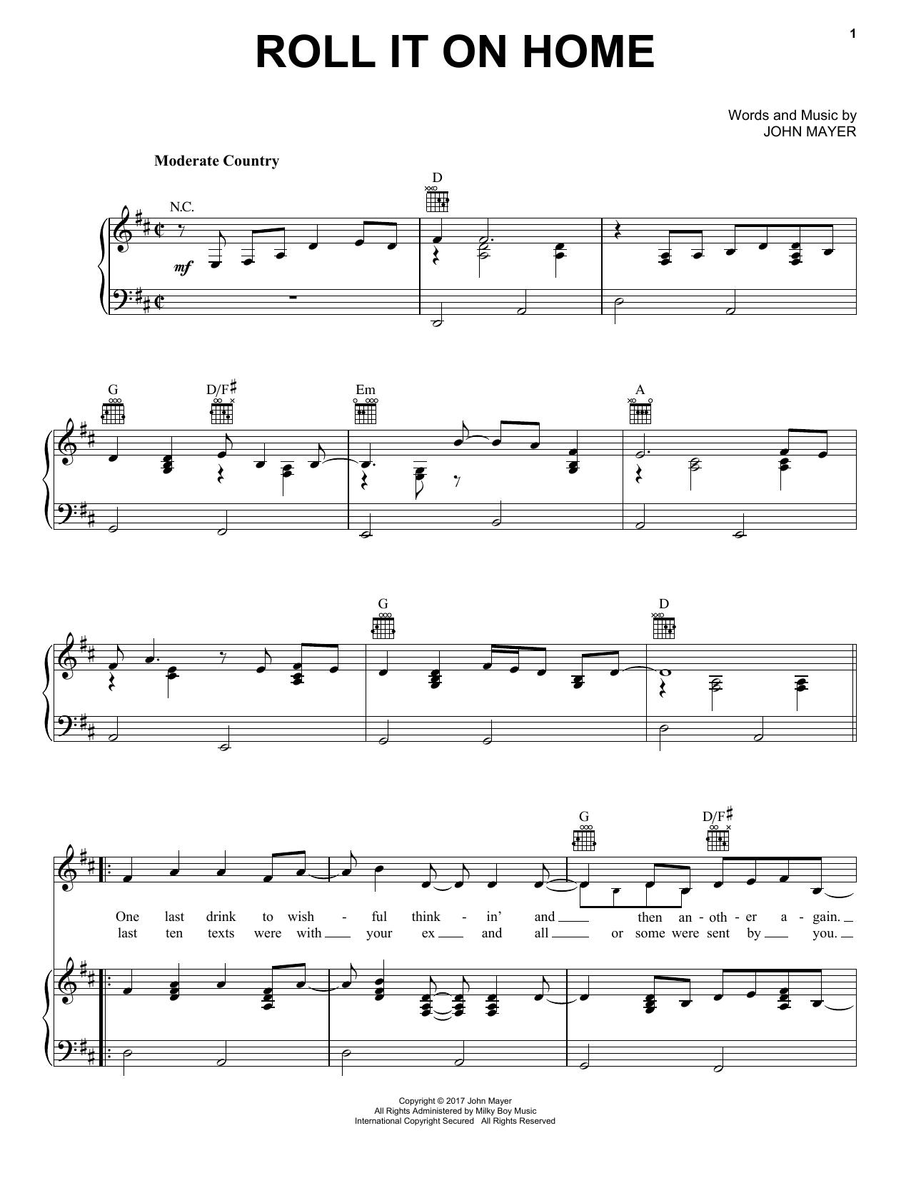 Download John Mayer Roll It On Home Sheet Music and learn how to play Piano, Vocal & Guitar (Right-Hand Melody) PDF digital score in minutes