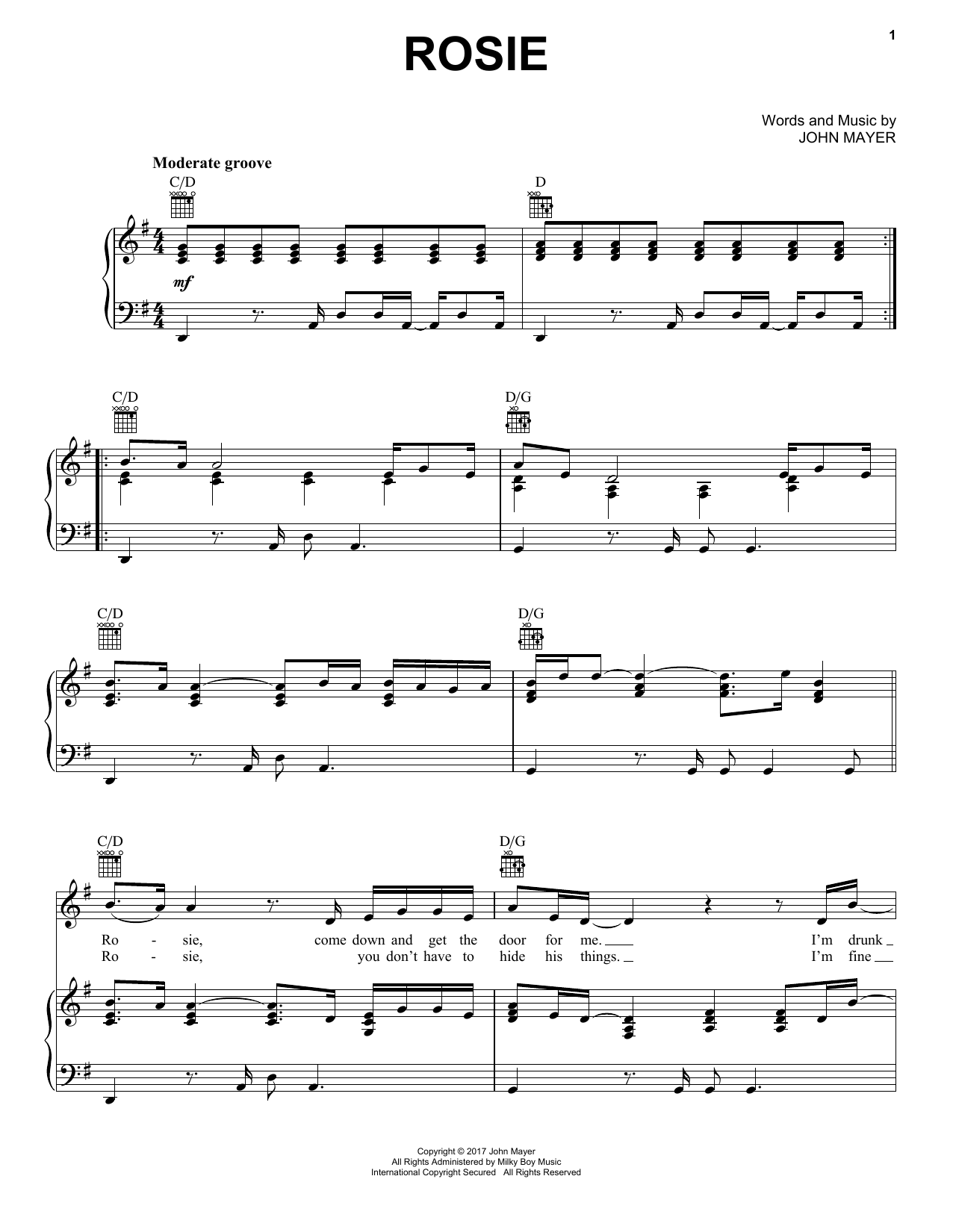 Download John Mayer Rosie Sheet Music and learn how to play Piano, Vocal & Guitar (Right-Hand Melody) PDF digital score in minutes