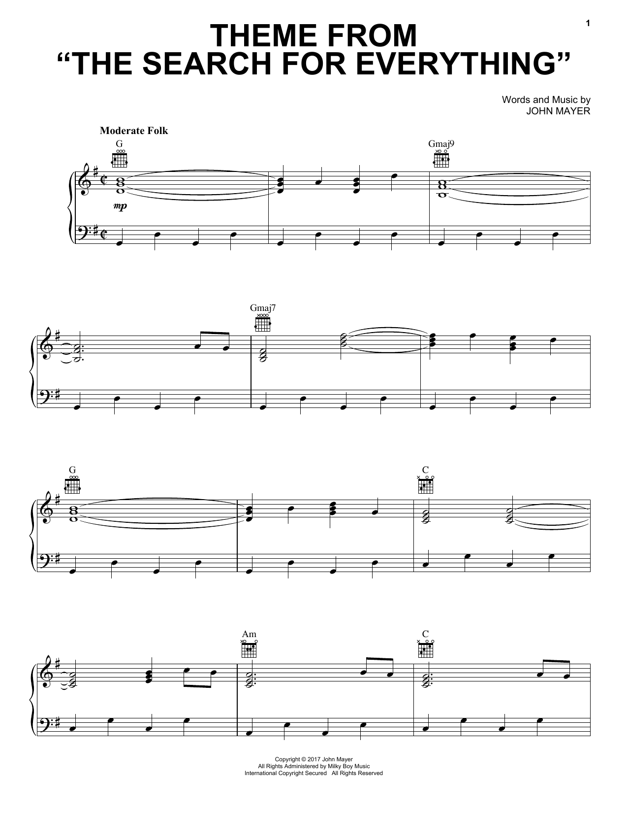 Download John Mayer Theme From The Search For Everything Sheet Music and learn how to play Piano, Vocal & Guitar (Right-Hand Melody) PDF digital score in minutes