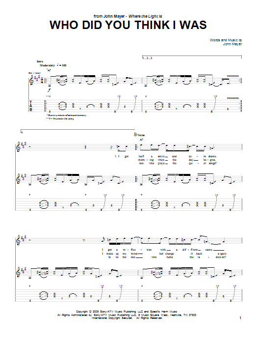 Download John Mayer Who Did You Think I Was Sheet Music and learn how to play Guitar Tab PDF digital score in minutes