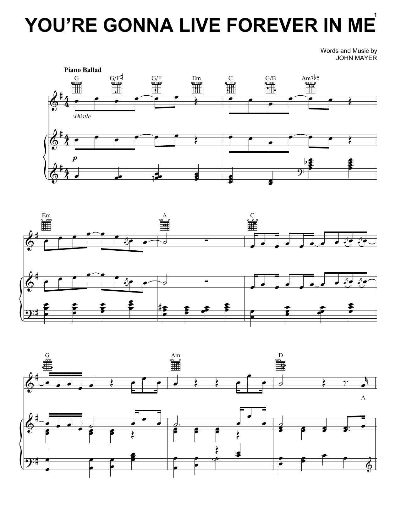 Download John Mayer You're Gonna Live Forever In Me Sheet Music and learn how to play Piano, Vocal & Guitar (Right-Hand Melody) PDF digital score in minutes