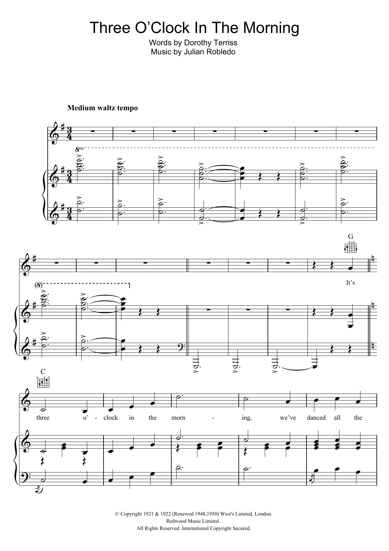 Download John McCormack Three O'Clock In The Morning Sheet Music and learn how to play Piano, Vocal & Guitar (Right-Hand Melody) PDF digital score in minutes