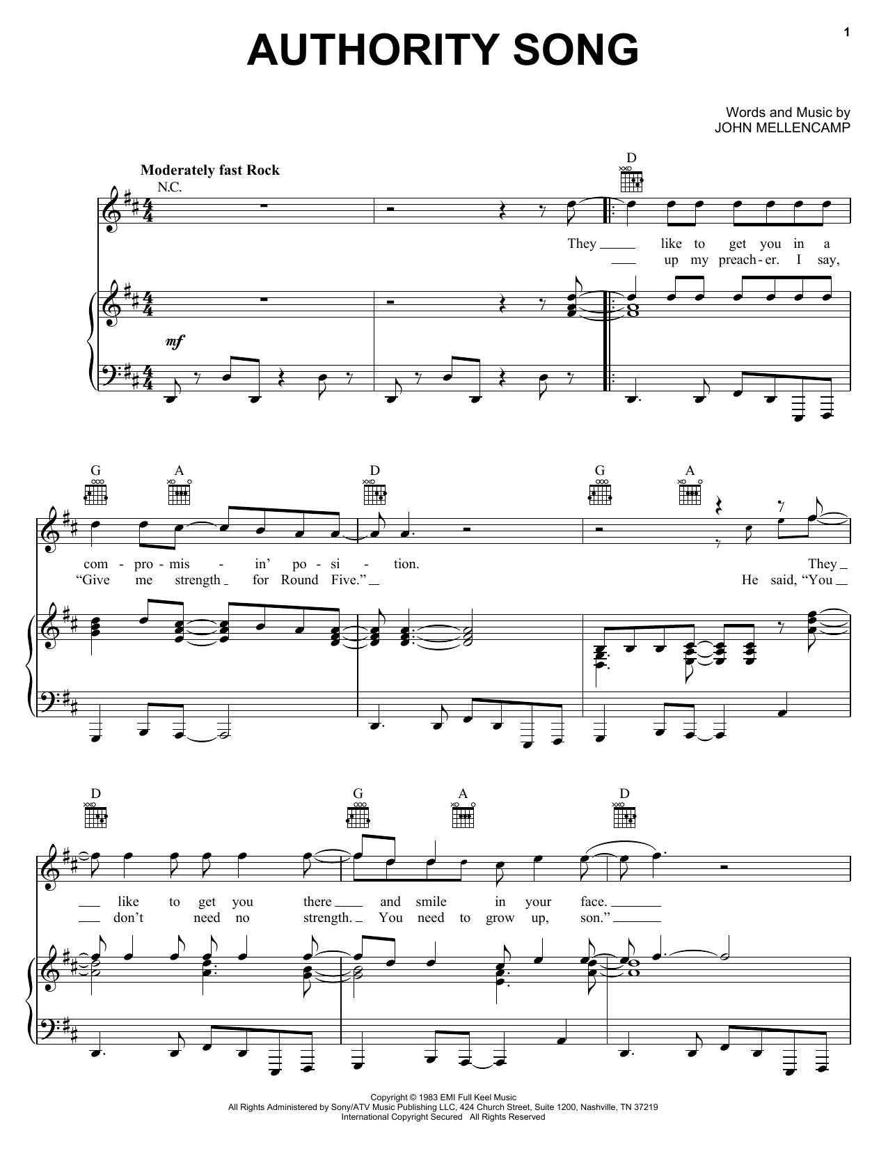 Download John Mellencamp Authority Song Sheet Music and learn how to play Melody Line, Lyrics & Chords PDF digital score in minutes