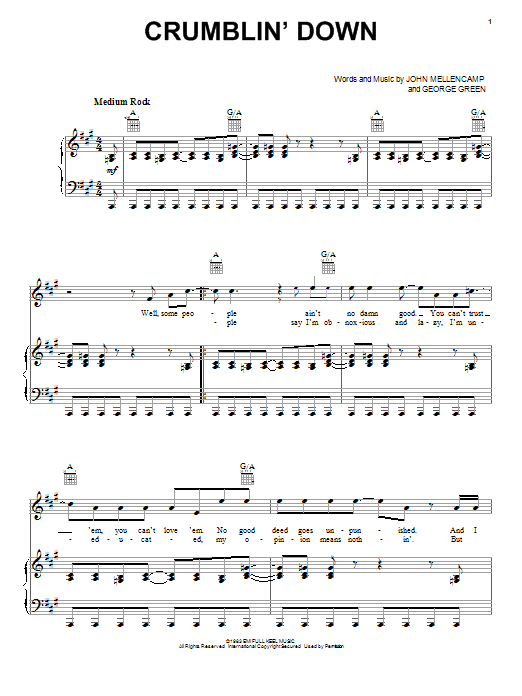 Download John Mellencamp Crumblin' Down Sheet Music and learn how to play Piano, Vocal & Guitar (Right-Hand Melody) PDF digital score in minutes
