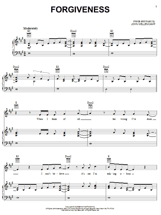 Download John Mellencamp Forgiveness Sheet Music and learn how to play Piano, Vocal & Guitar (Right-Hand Melody) PDF digital score in minutes
