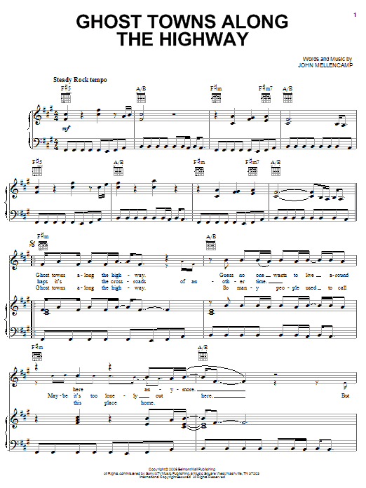 Download John Mellencamp Ghost Towns Along The Highway Sheet Music and learn how to play Piano, Vocal & Guitar (Right-Hand Melody) PDF digital score in minutes