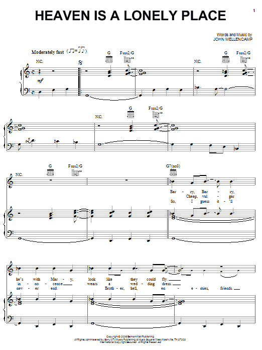 Download John Mellencamp Heaven Is A Lonely Place Sheet Music and learn how to play Piano, Vocal & Guitar (Right-Hand Melody) PDF digital score in minutes