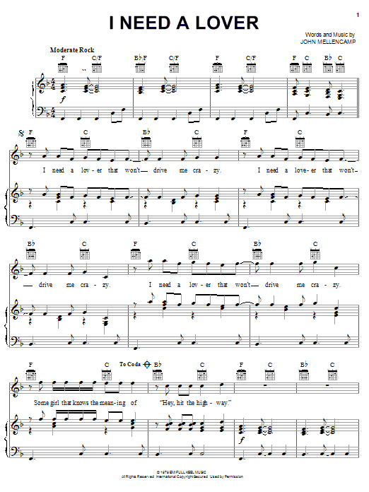 Download John Mellencamp I Need A Lover Sheet Music and learn how to play Guitar Tab PDF digital score in minutes