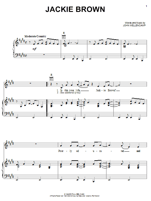 Download John Mellencamp Jackie Brown Sheet Music and learn how to play Piano, Vocal & Guitar (Right-Hand Melody) PDF digital score in minutes