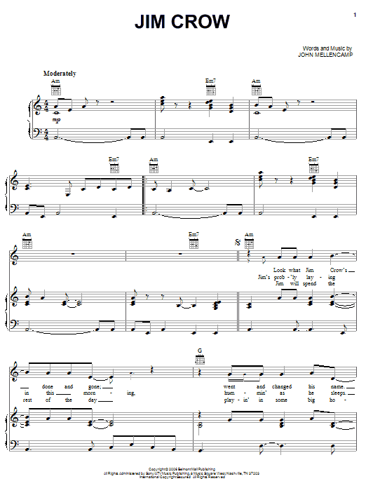 Download John Mellencamp Jim Crow Sheet Music and learn how to play Piano, Vocal & Guitar (Right-Hand Melody) PDF digital score in minutes