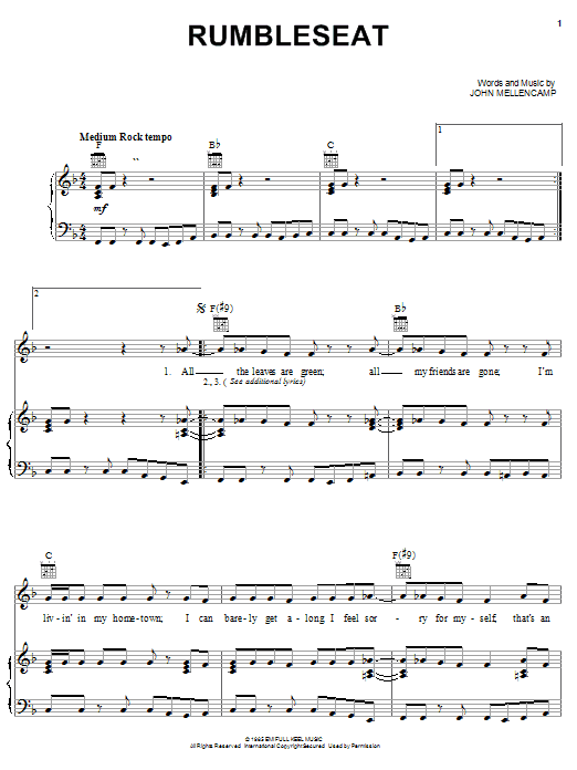 Download John Mellencamp Rumbleseat Sheet Music and learn how to play Piano, Vocal & Guitar (Right-Hand Melody) PDF digital score in minutes