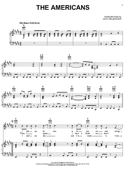 Download John Mellencamp The Americans Sheet Music and learn how to play Piano, Vocal & Guitar (Right-Hand Melody) PDF digital score in minutes