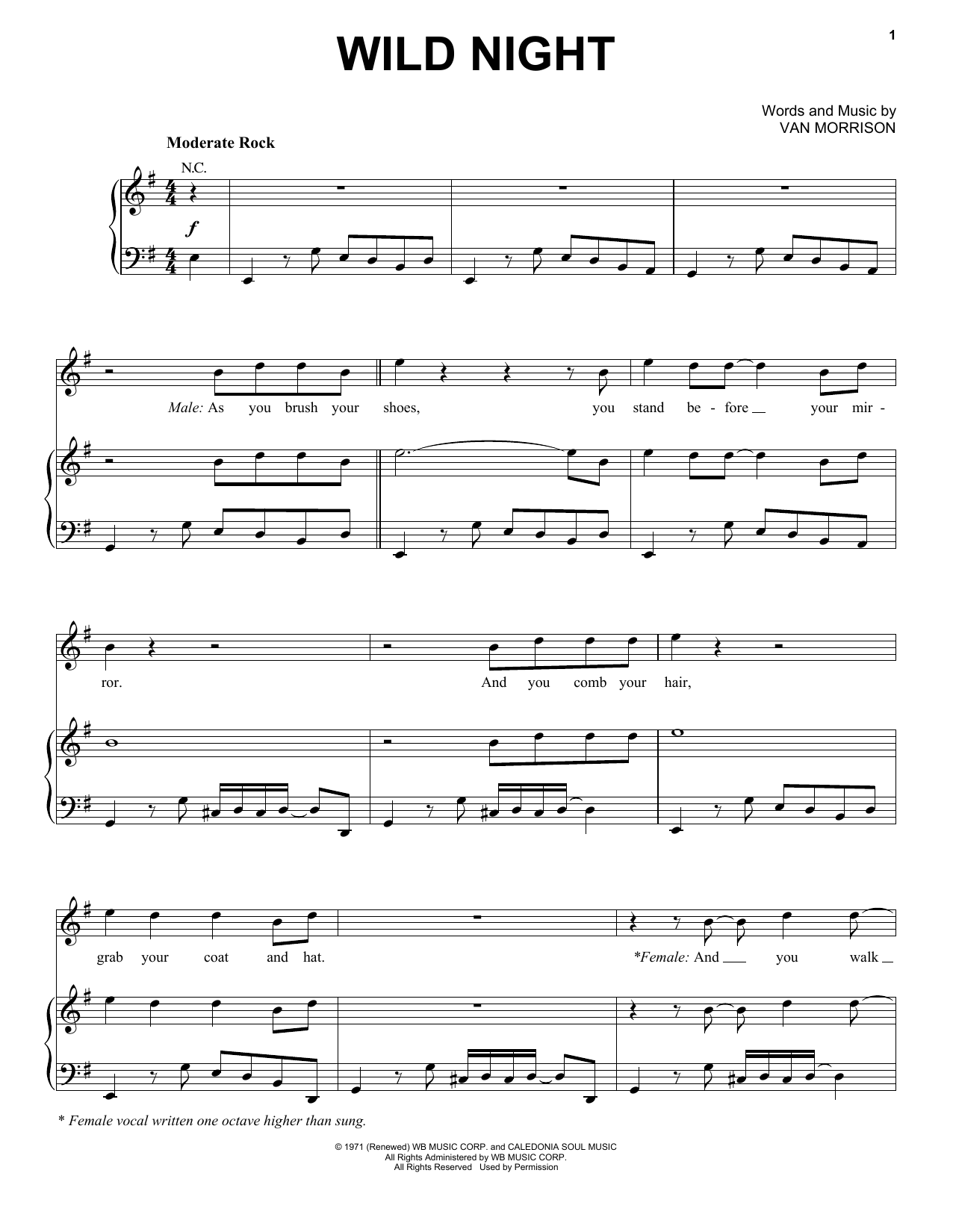 Download John Mellencamp Wild Night Sheet Music and learn how to play Piano, Vocal & Guitar (Right-Hand Melody) PDF digital score in minutes