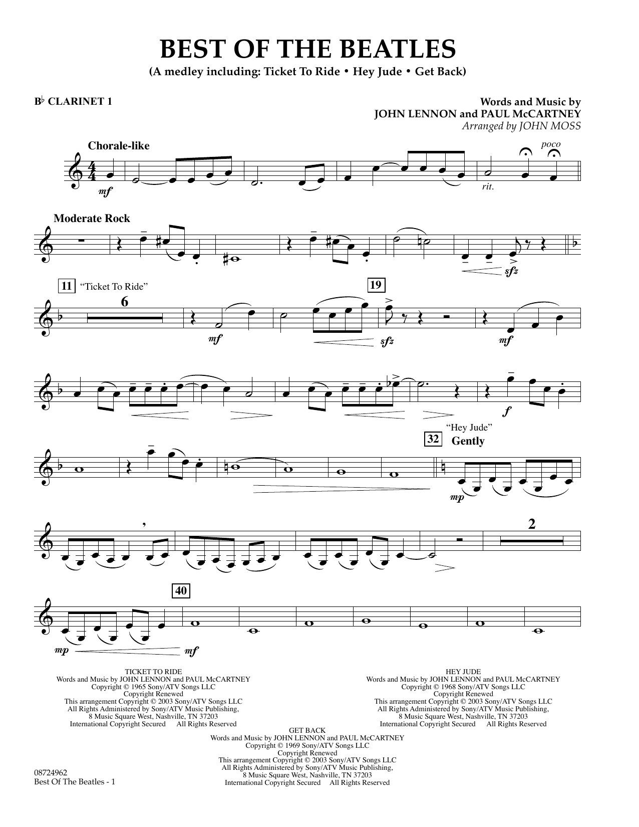 Download John Moss Best of the Beatles - Bb Clarinet 1 Sheet Music and learn how to play Concert Band PDF digital score in minutes