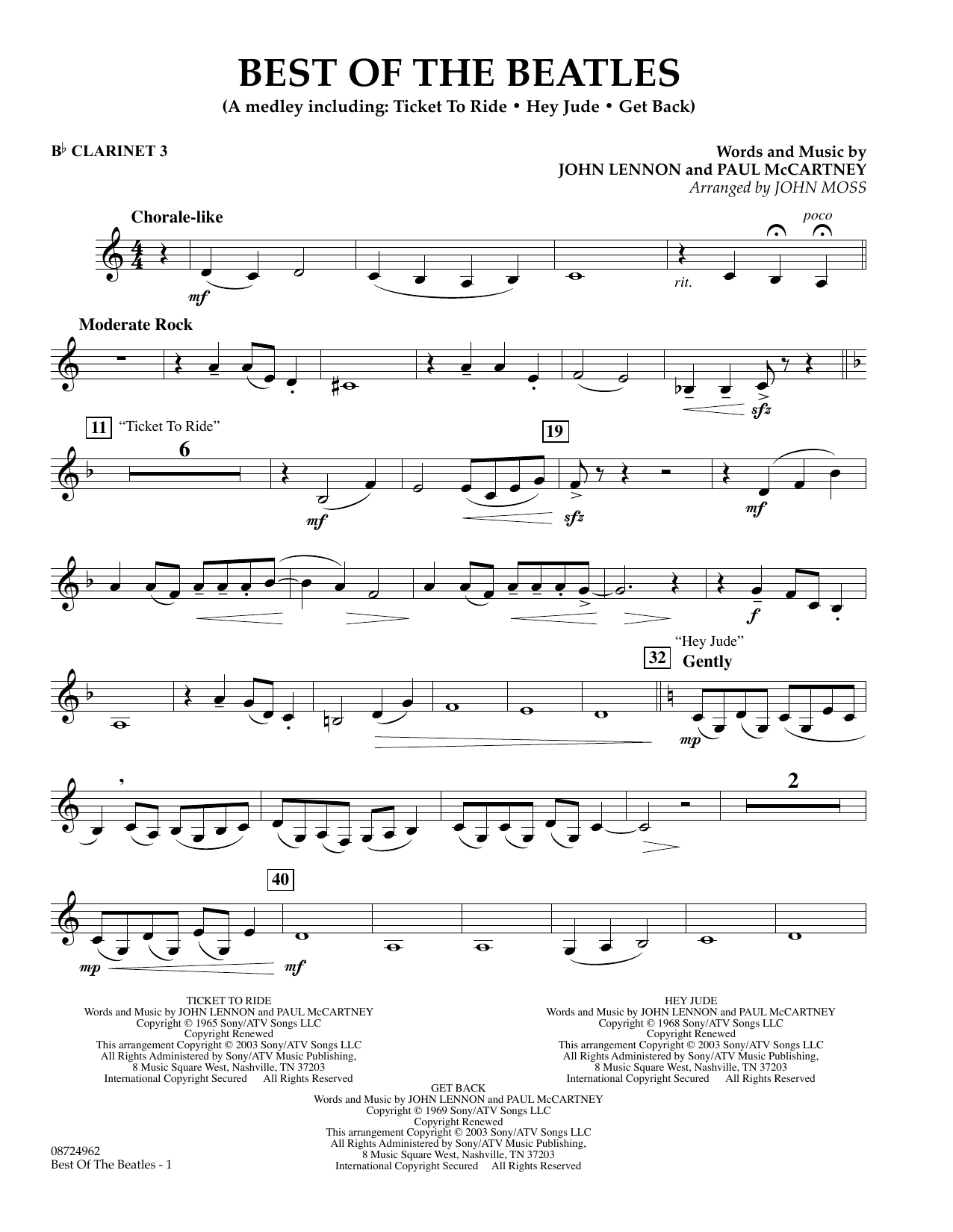 Download John Moss Best of the Beatles - Bb Clarinet 3 Sheet Music and learn how to play Concert Band PDF digital score in minutes