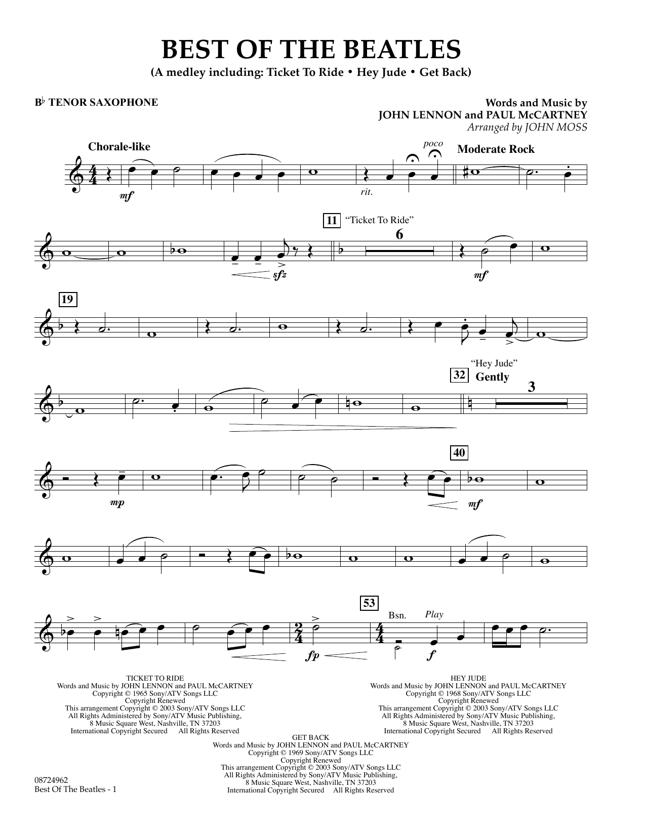 Download John Moss Best of the Beatles - Bb Tenor Saxophone Sheet Music and learn how to play Concert Band PDF digital score in minutes