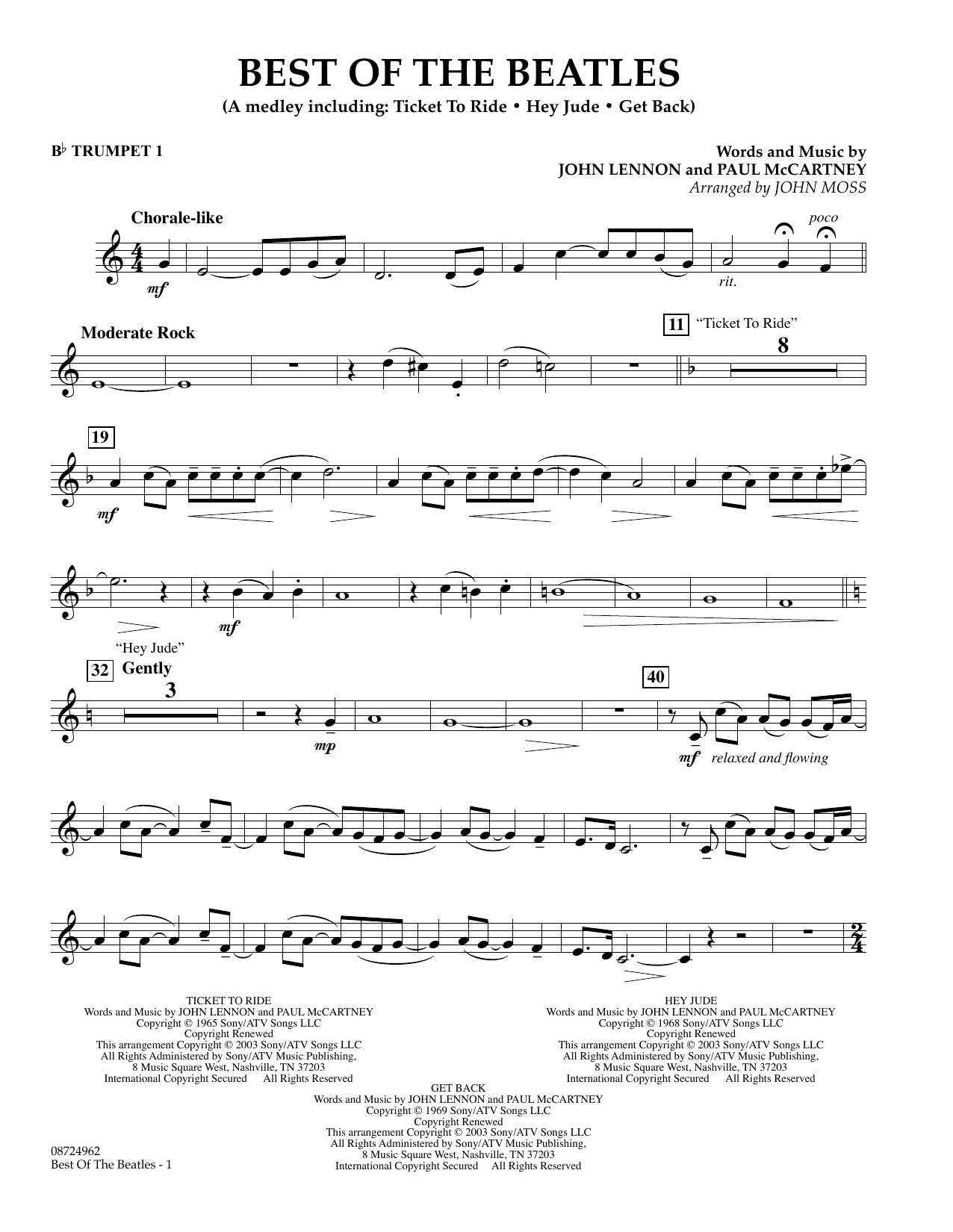 Download John Moss Best of the Beatles - Bb Trumpet 1 Sheet Music and learn how to play Concert Band PDF digital score in minutes