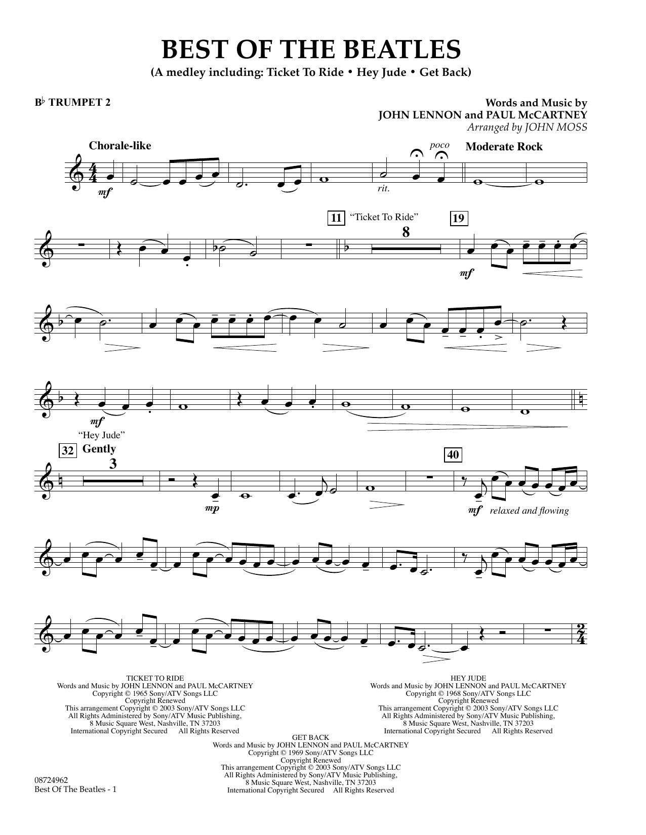 Download John Moss Best of the Beatles - Bb Trumpet 2 Sheet Music and learn how to play Concert Band PDF digital score in minutes