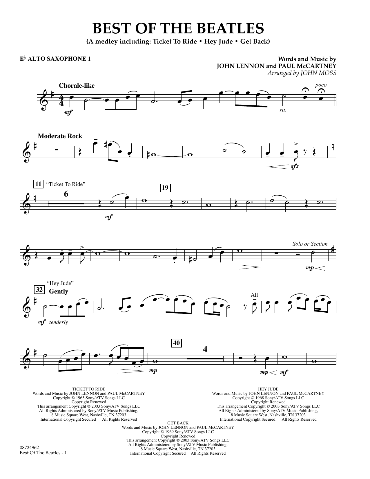 Download John Moss Best of the Beatles - Eb Alto Saxophone 1 Sheet Music and learn how to play Concert Band PDF digital score in minutes