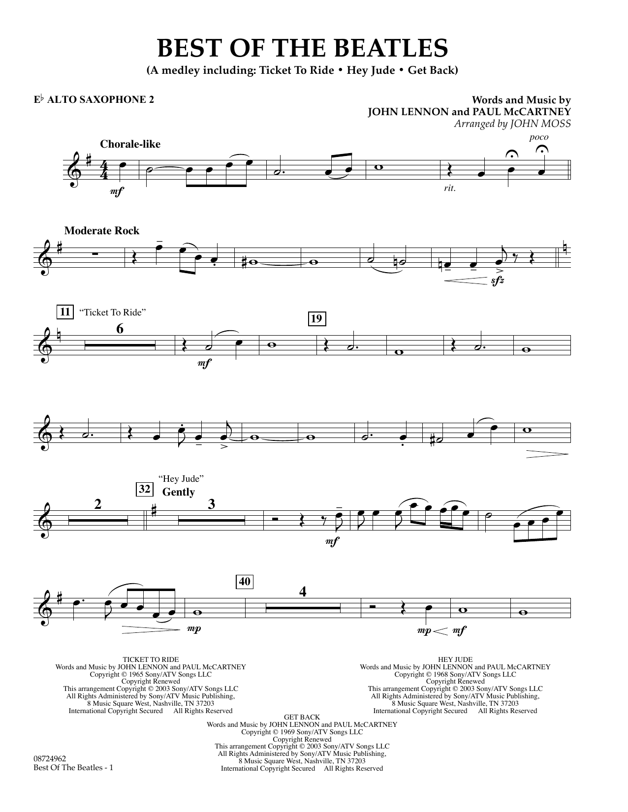 Download John Moss Best of the Beatles - Eb Alto Saxophone 2 Sheet Music and learn how to play Concert Band PDF digital score in minutes