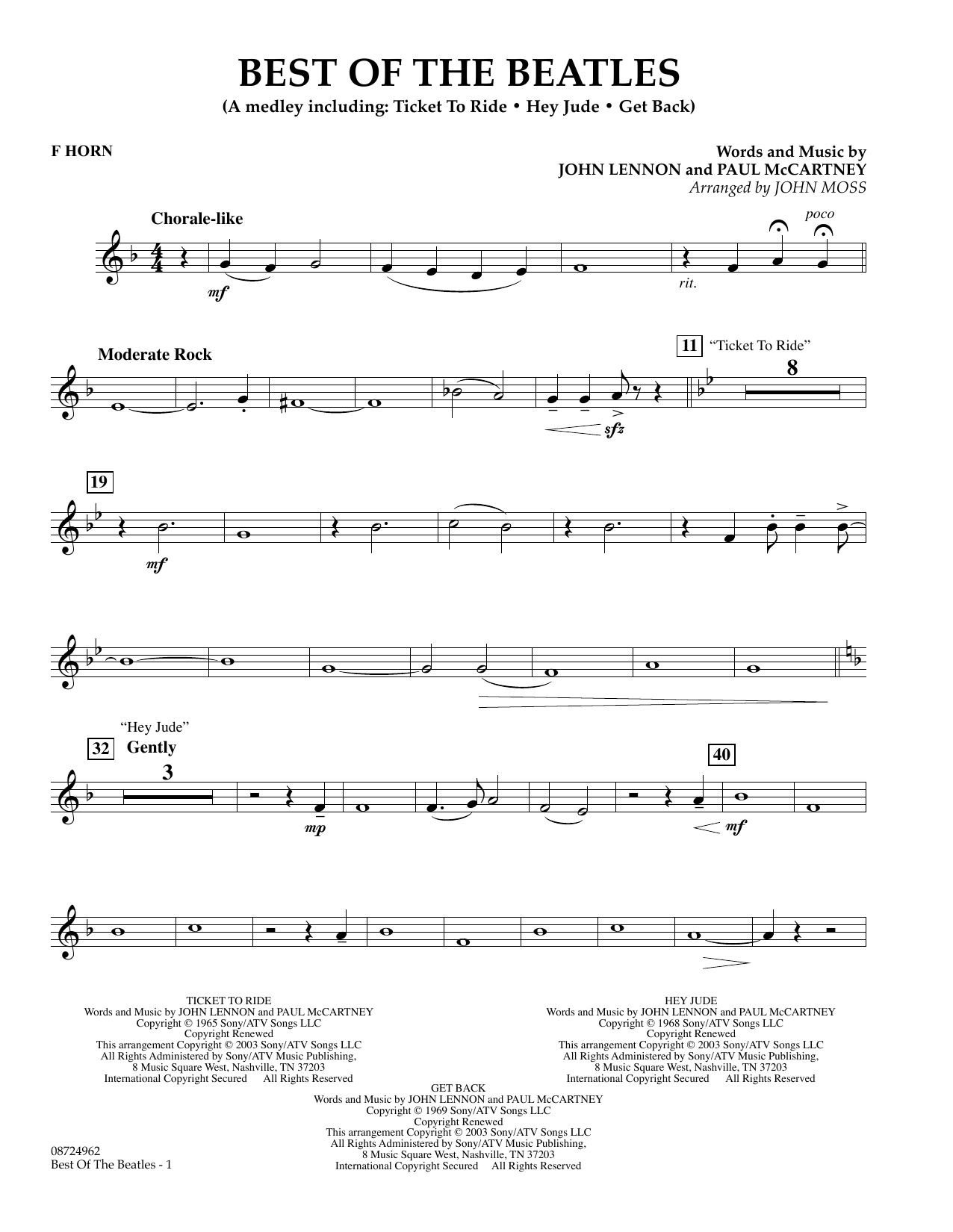 Download John Moss Best of the Beatles - F Horn Sheet Music and learn how to play Concert Band PDF digital score in minutes