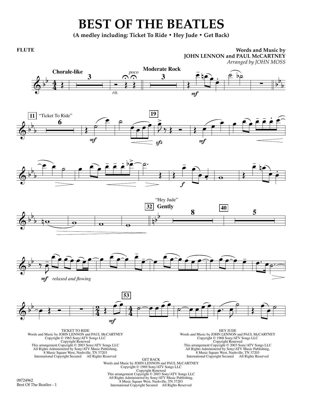 Download John Moss Best of the Beatles - Flute Sheet Music and learn how to play Concert Band PDF digital score in minutes