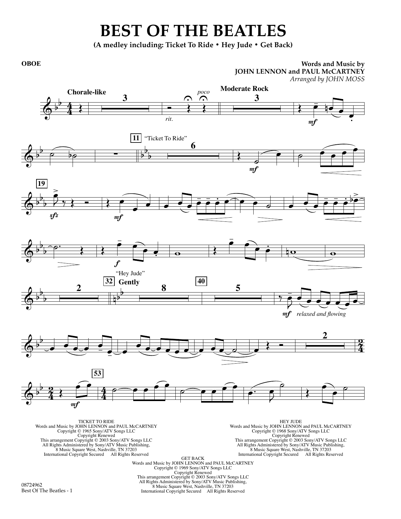 Download John Moss Best of the Beatles - Oboe Sheet Music and learn how to play Concert Band PDF digital score in minutes
