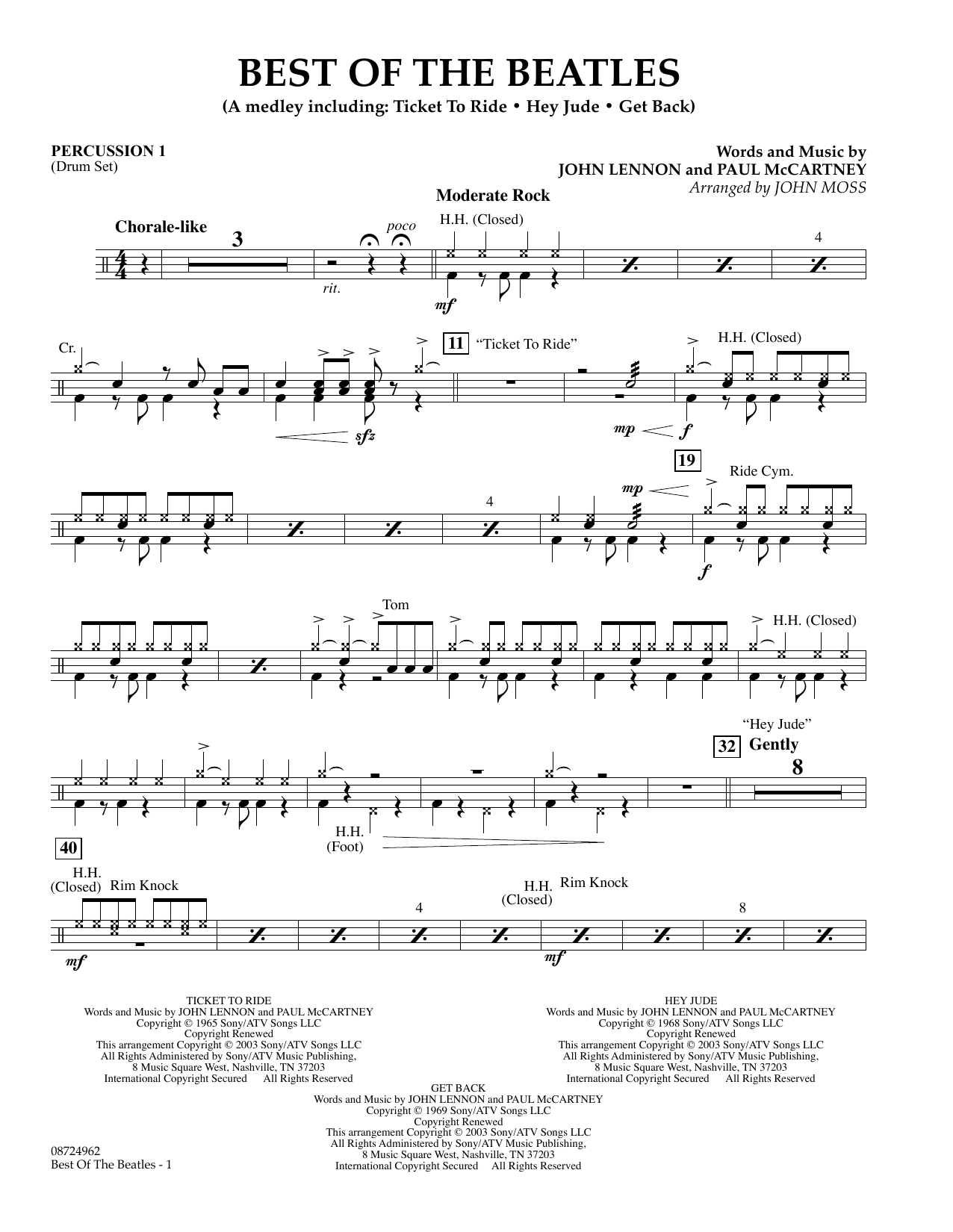 Download John Moss Best of the Beatles - Percussion 1 Sheet Music and learn how to play Concert Band PDF digital score in minutes