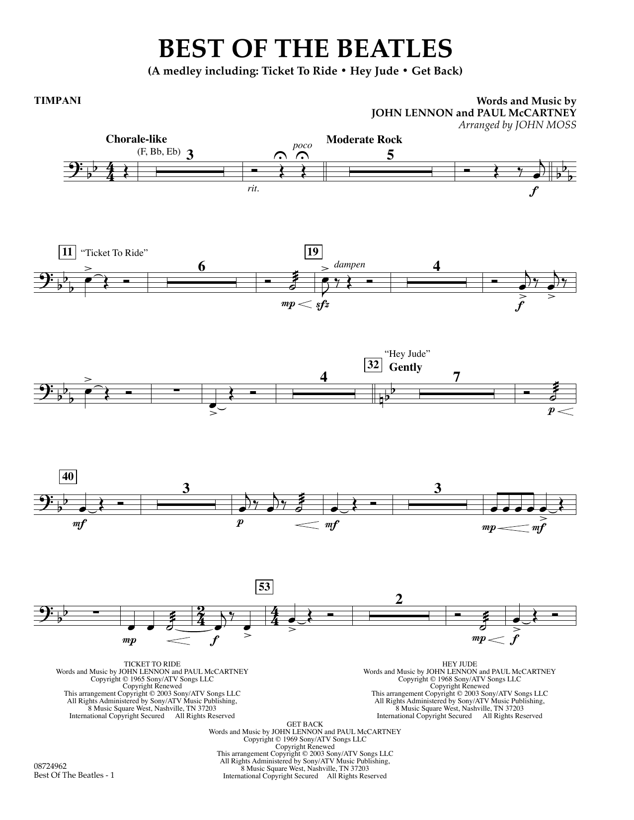 Download John Moss Best of the Beatles - Timpani Sheet Music and learn how to play Concert Band PDF digital score in minutes