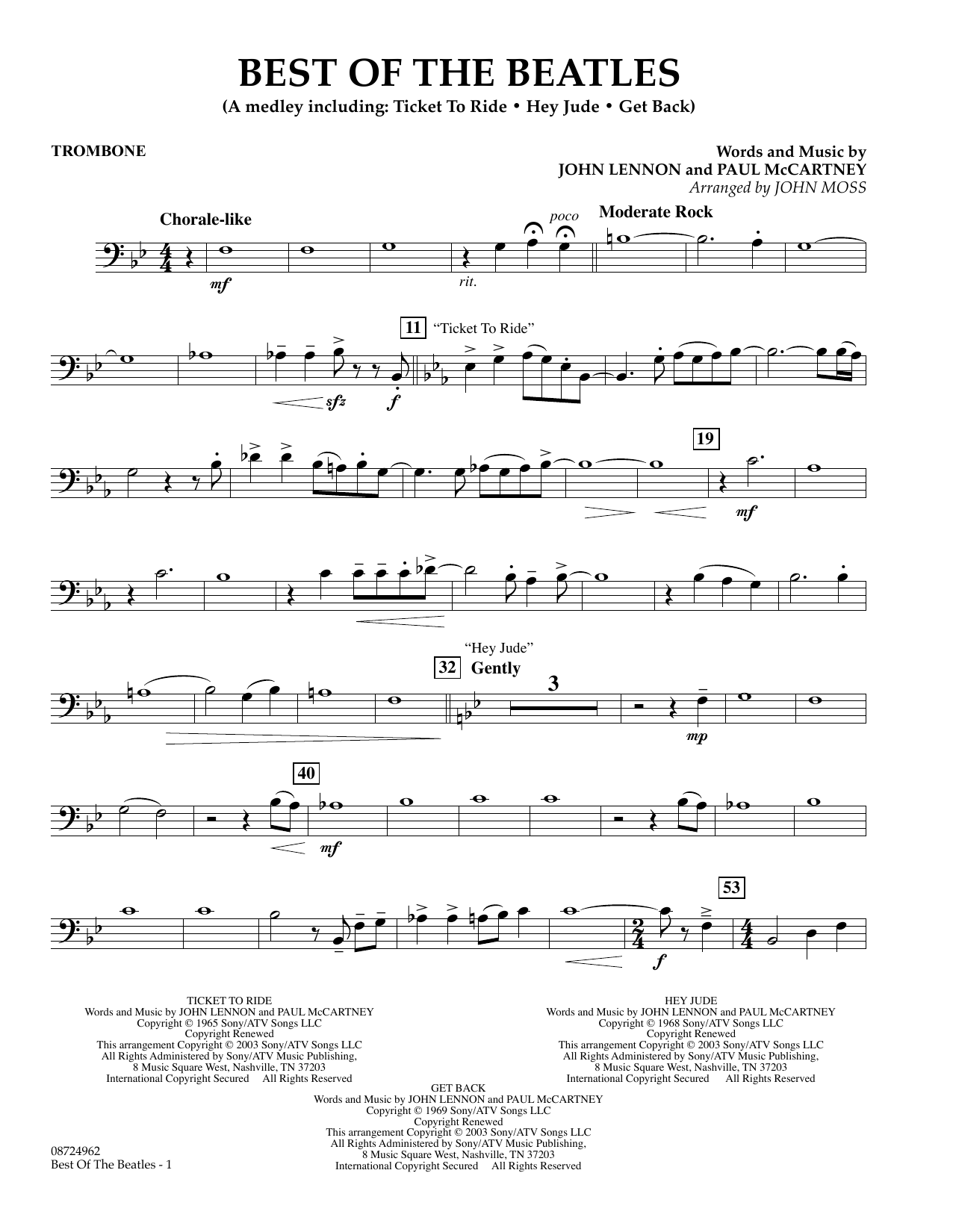Download John Moss Best of the Beatles - Trombone Sheet Music and learn how to play Concert Band PDF digital score in minutes