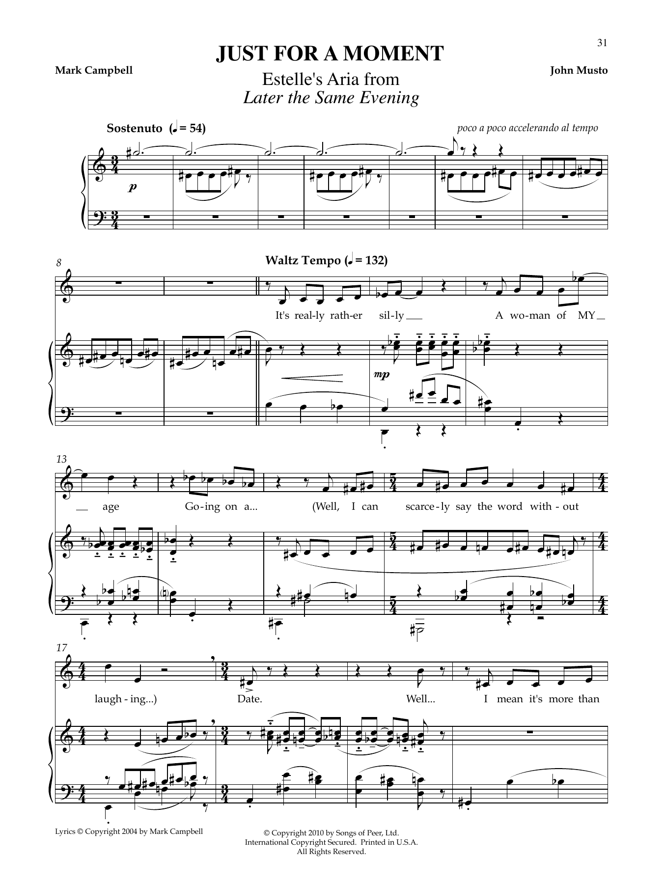 Download John Musto Just For A Moment Sheet Music and learn how to play Piano & Vocal PDF digital score in minutes