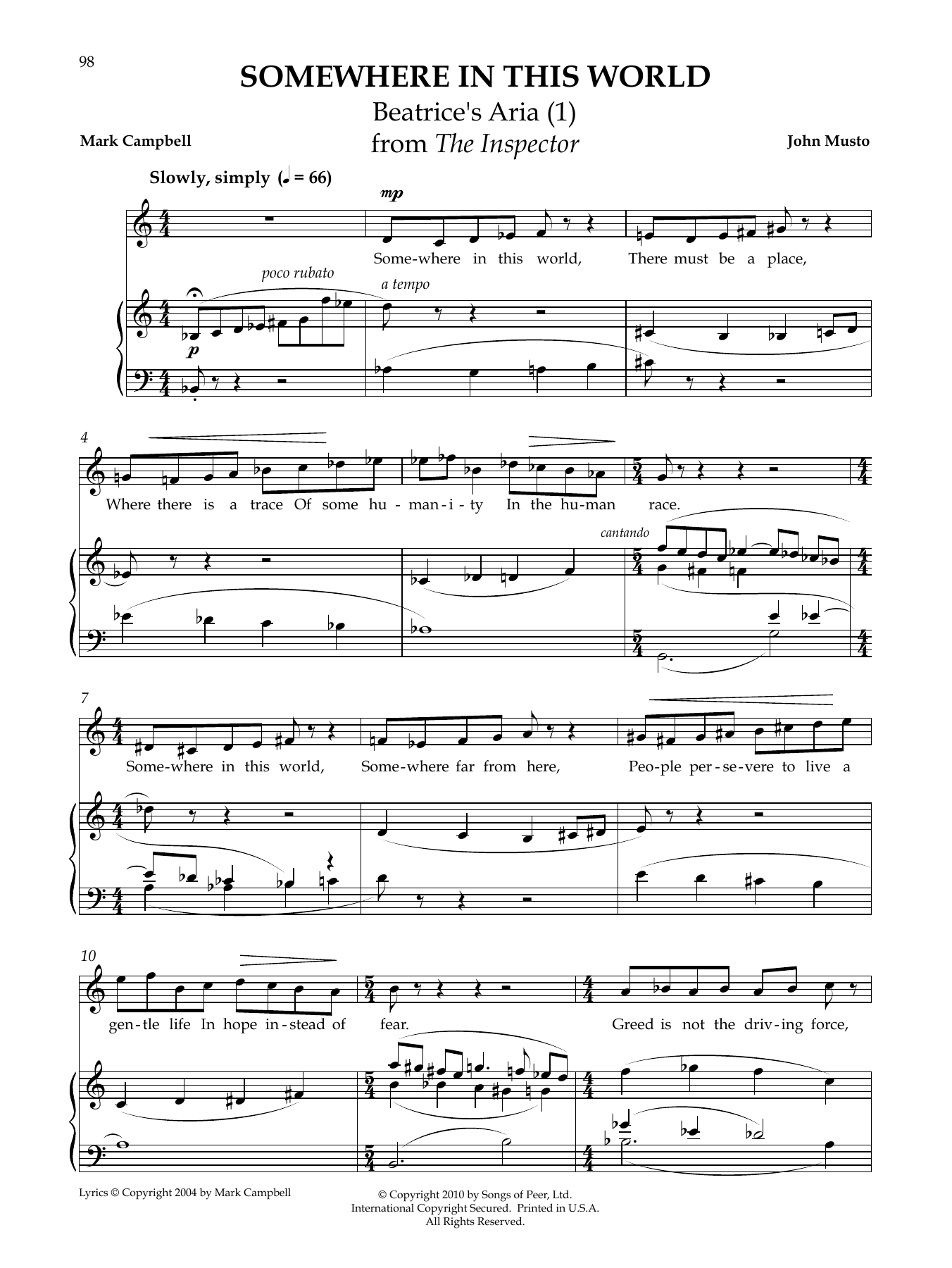 Download John Musto Somewhere In This World Sheet Music and learn how to play Piano & Vocal PDF digital score in minutes