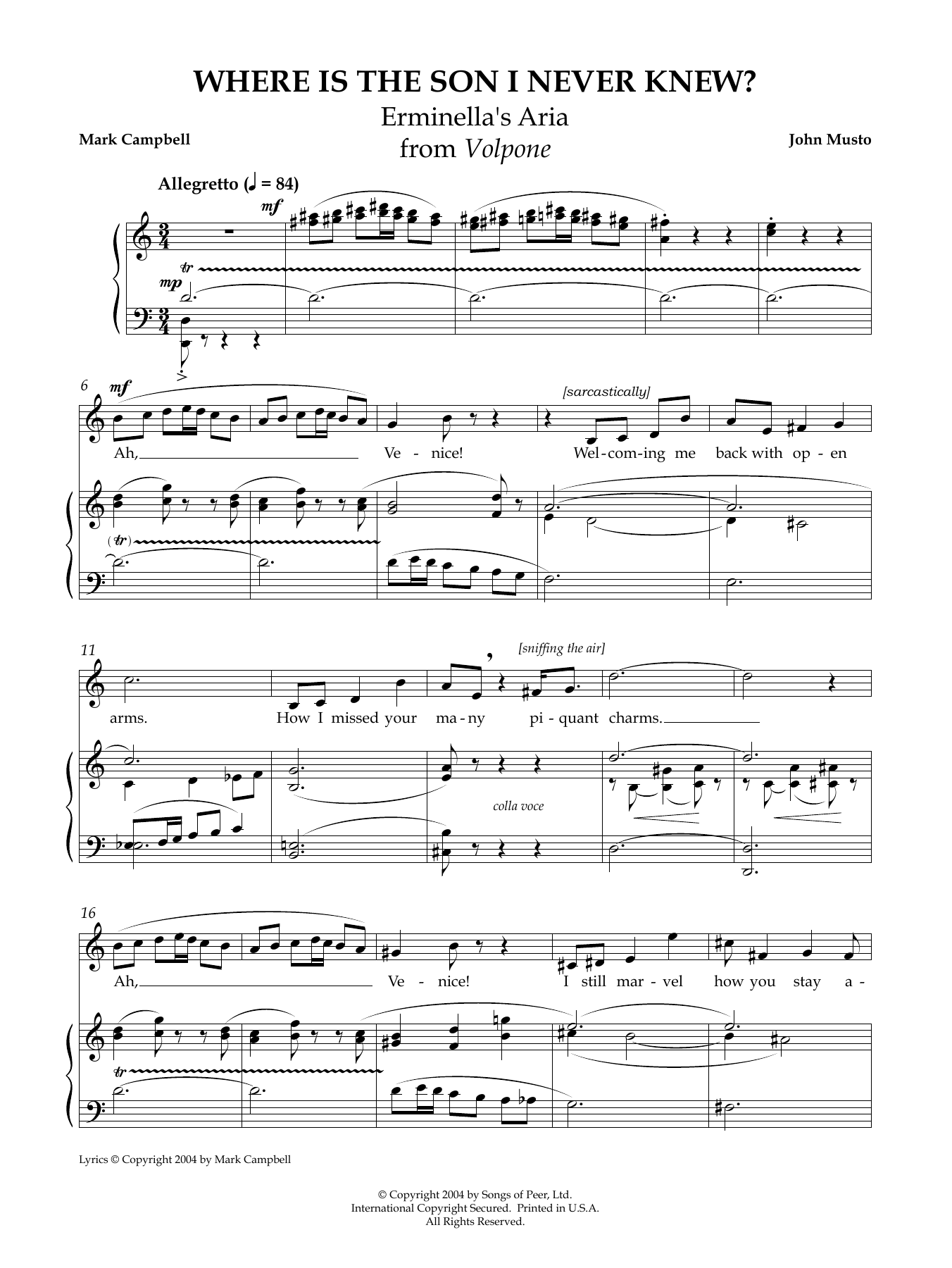 Download John Musto Where Is the Son I Never Knew? Sheet Music and learn how to play Piano & Vocal PDF digital score in minutes